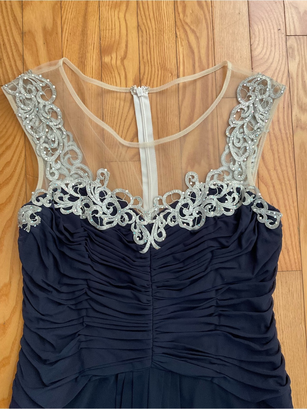 Navy Ruched Evening Dress with Beaded Illusion Neckline